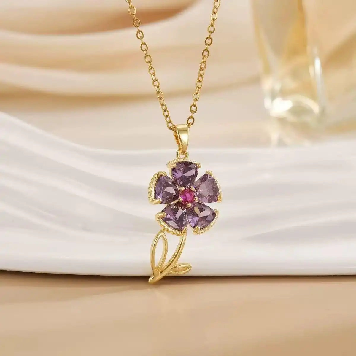 Purple Floral Gorgeous Crystal Chain Necklace