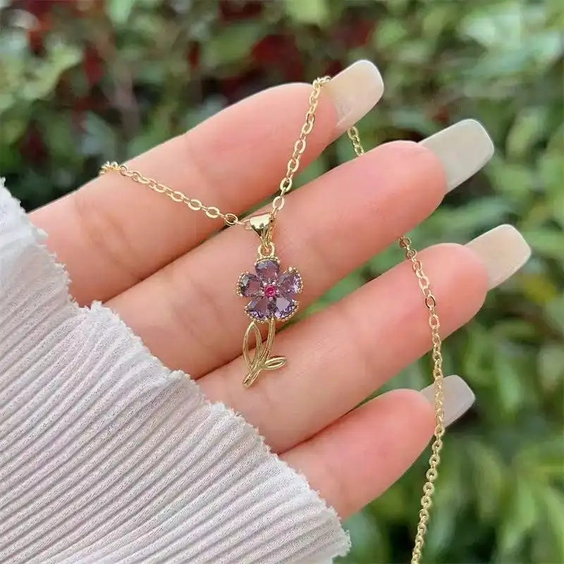 Purple Floral Gorgeous Crystal Chain Necklace