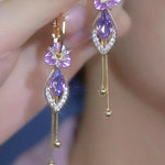 Purple Floral Tassel Crystal Drop Earrings