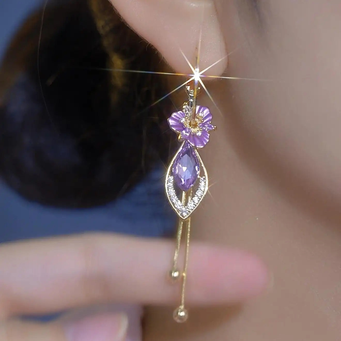 Purple Floral Tassel Crystal Drop Earrings