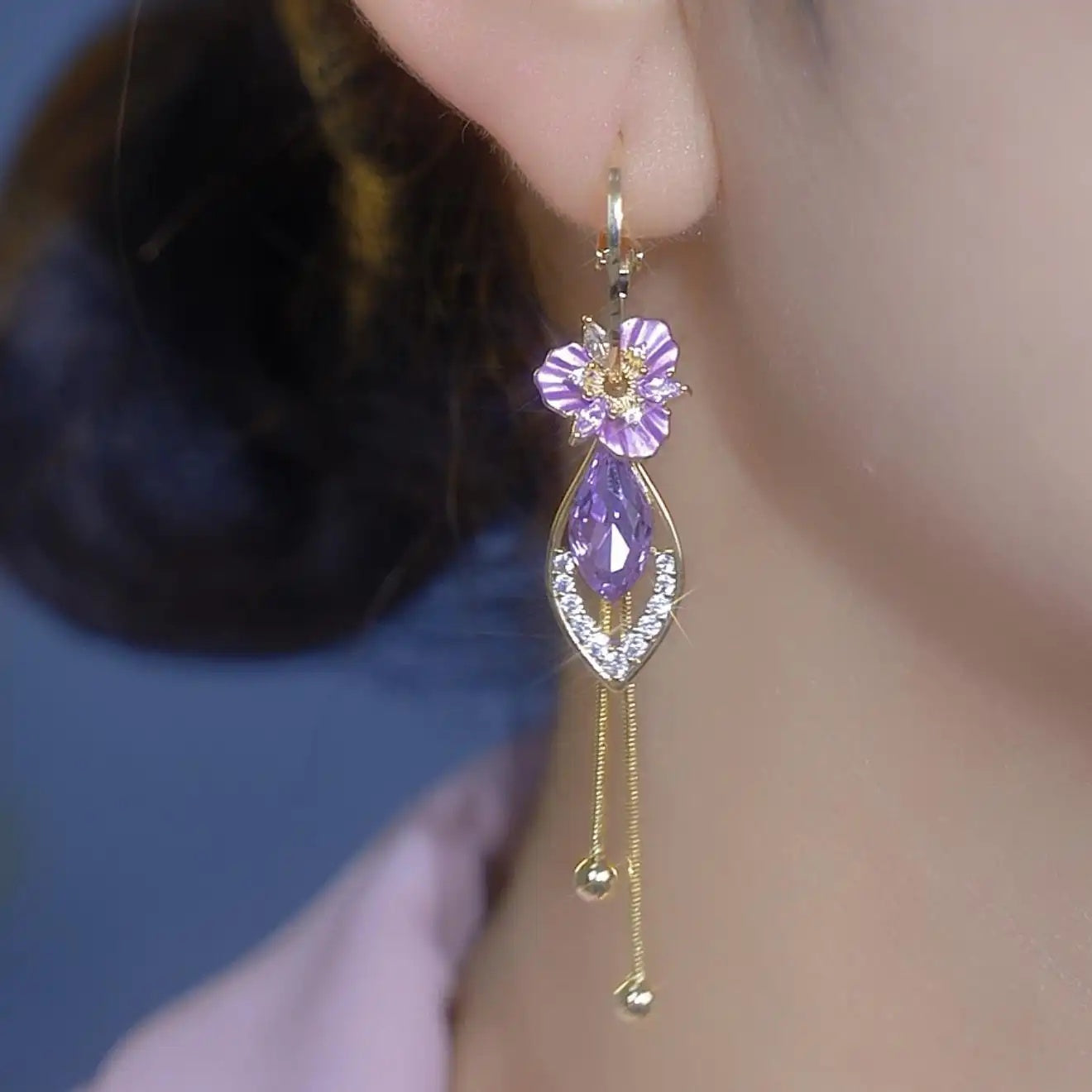 Purple Floral Tassel Crystal Drop Earrings