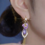 Purple Floral Tassel Crystal Drop Earrings
