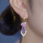 Purple Floral Tassel Crystal Drop Earrings