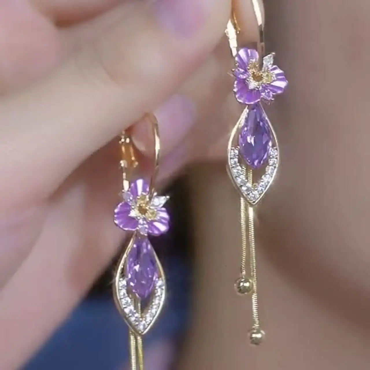 Purple Floral Tassel Crystal Drop Earrings