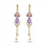 Purple Floral Tassel Crystal Drop Earrings