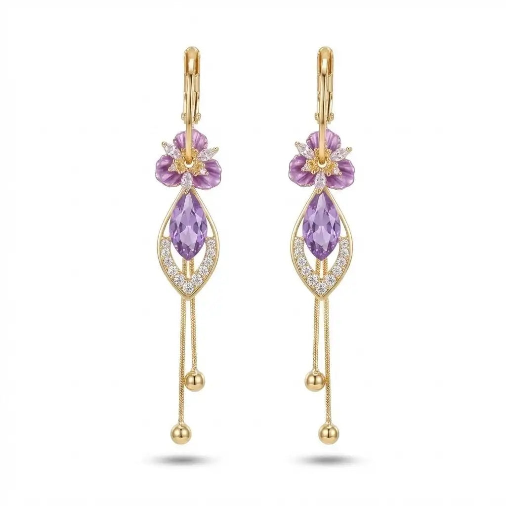 Purple Floral Tassel Crystal Drop Earrings