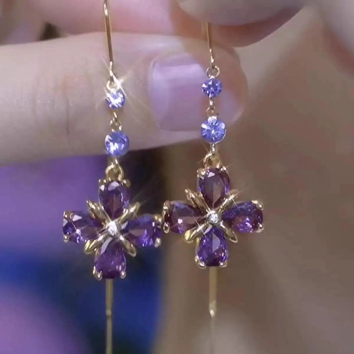 Purple Flower Chain Drop Earrings