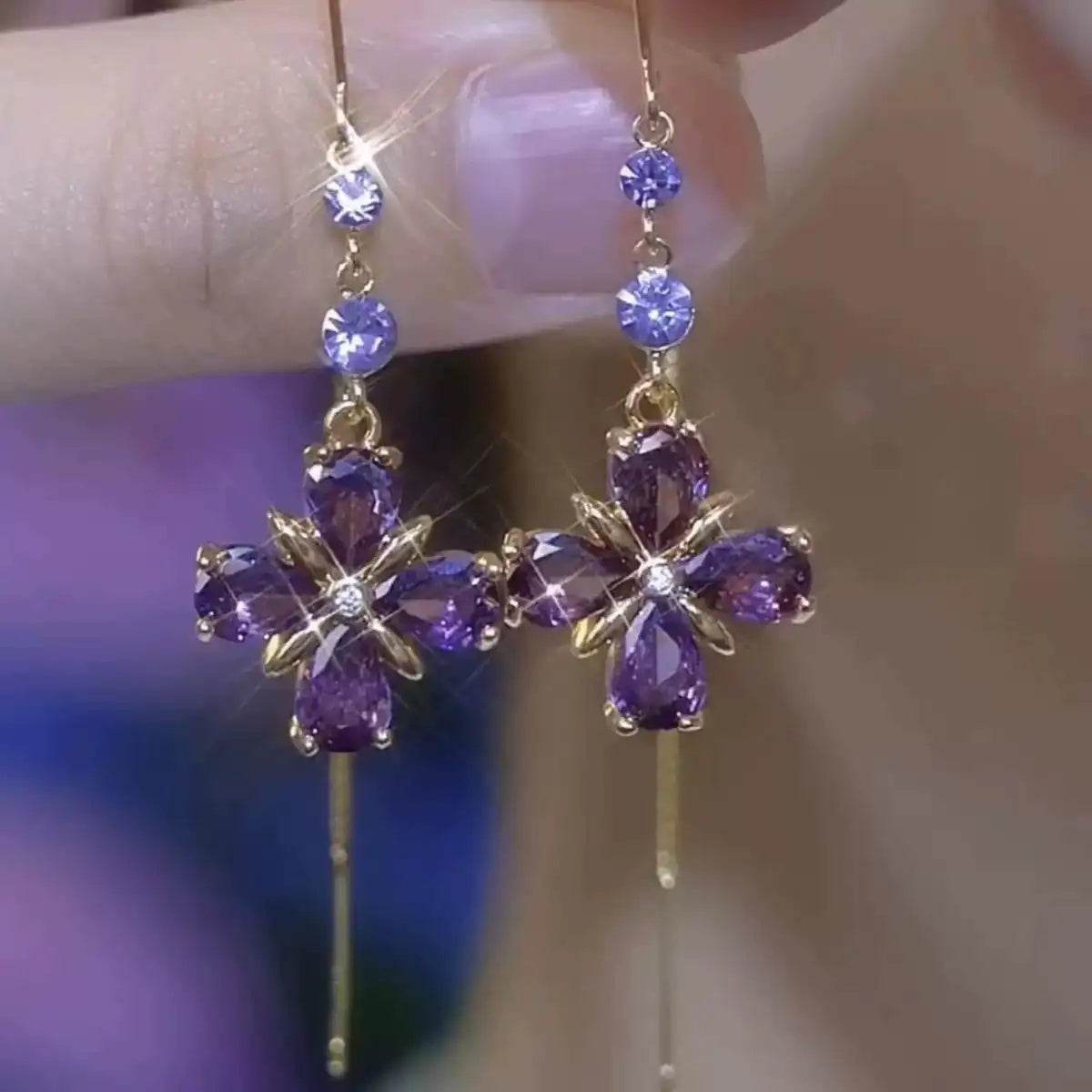 Purple Flower Chain Drop Earrings