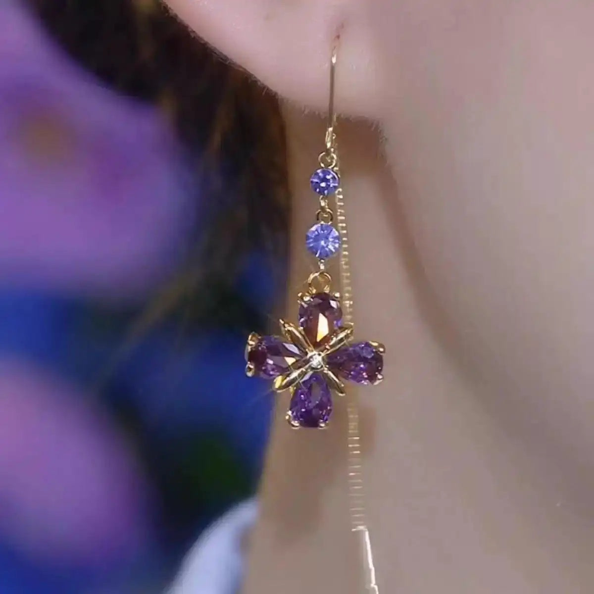 Purple Flower Chain Drop Earrings