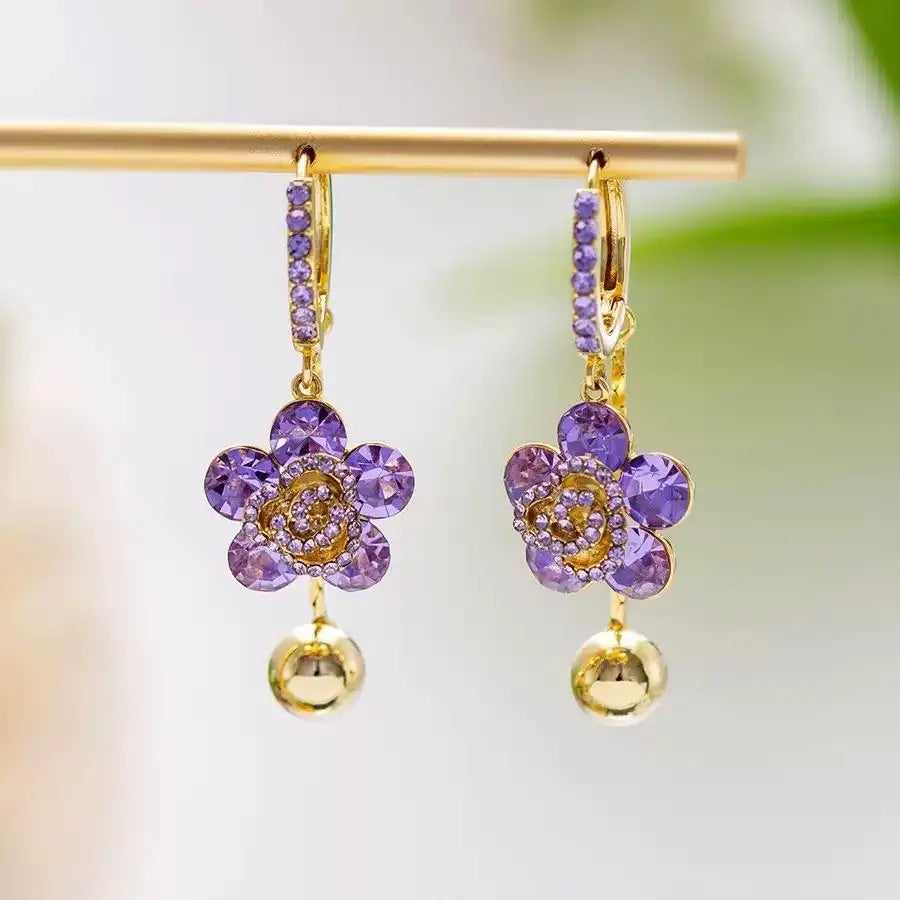 Purple Flower Crystal Hoop Earrings