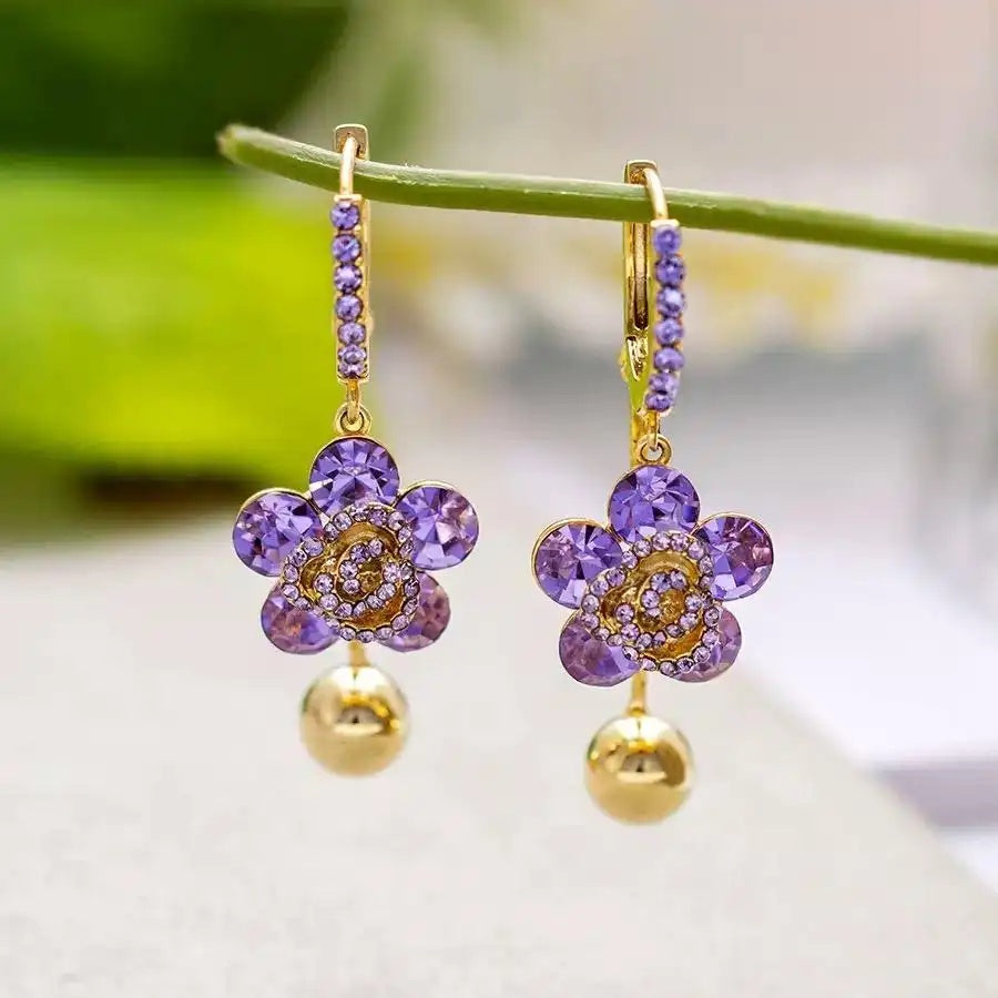 Purple Flower Crystal Hoop Earrings