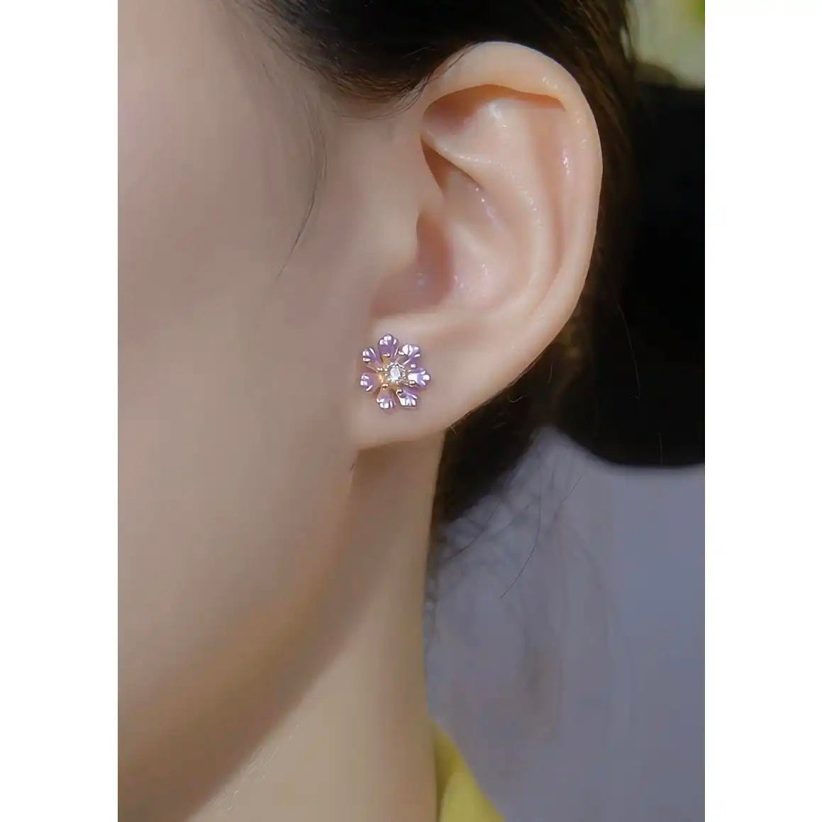 Purple Flower Korean Silver Tone Stud Earrings
