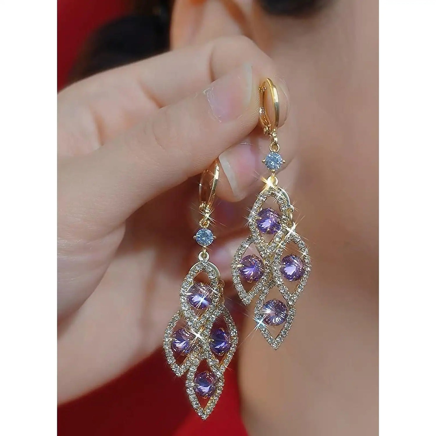 Purple Geometric Crystal Drop Earrings