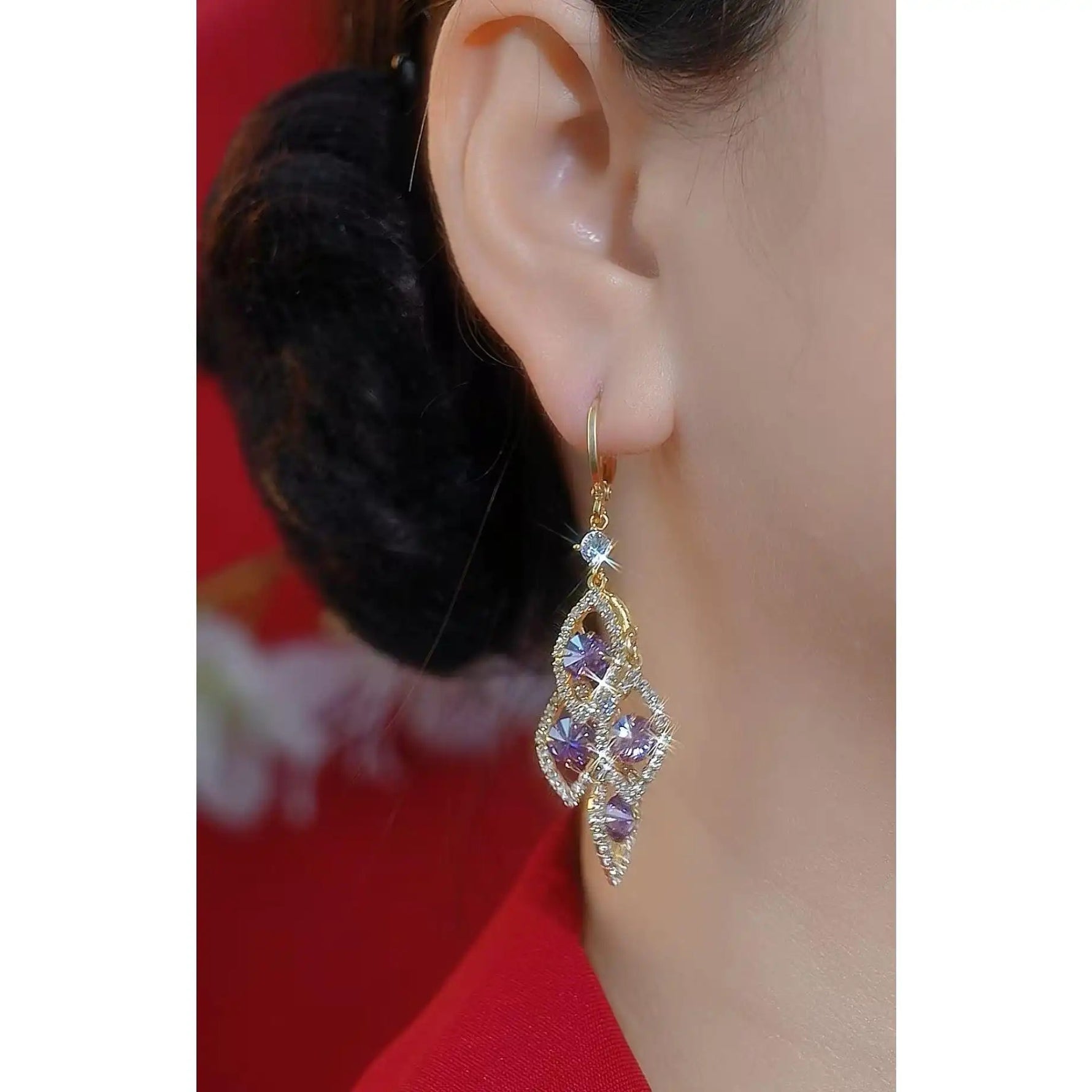 Purple Geometric Crystal Drop Earrings