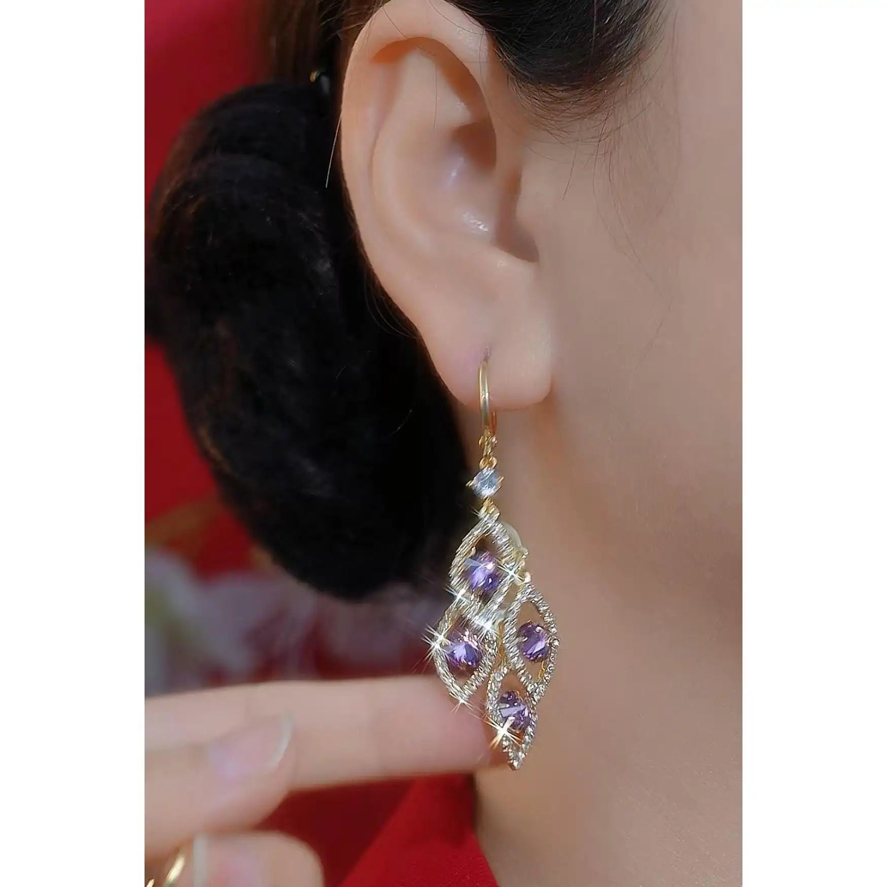 Purple Geometric Crystal Drop Earrings