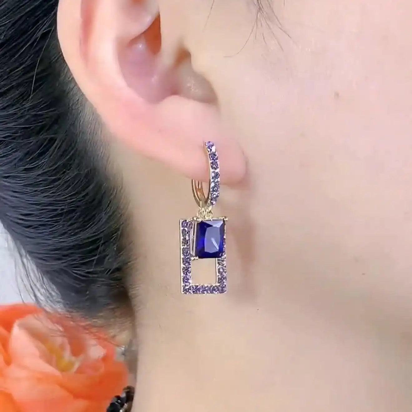 Purple Geometric Long Rectangular Crystals Drop Earrings