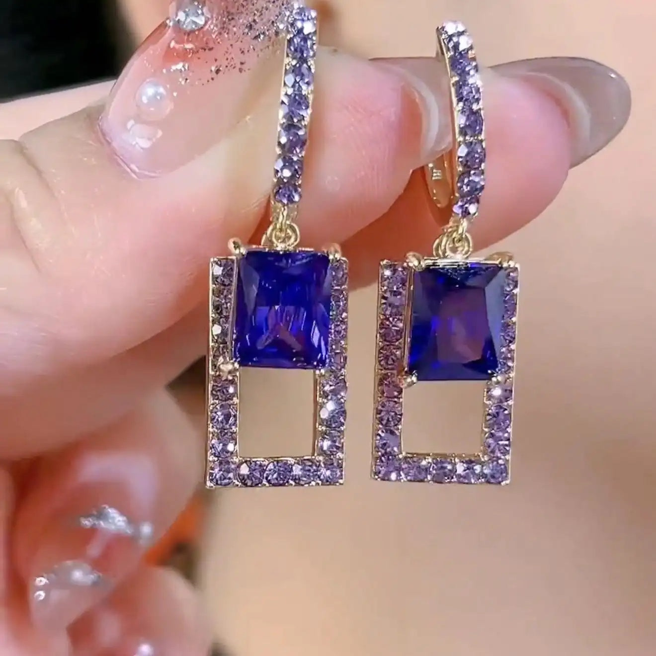 Purple Geometric Long Rectangular Crystals Drop Earrings