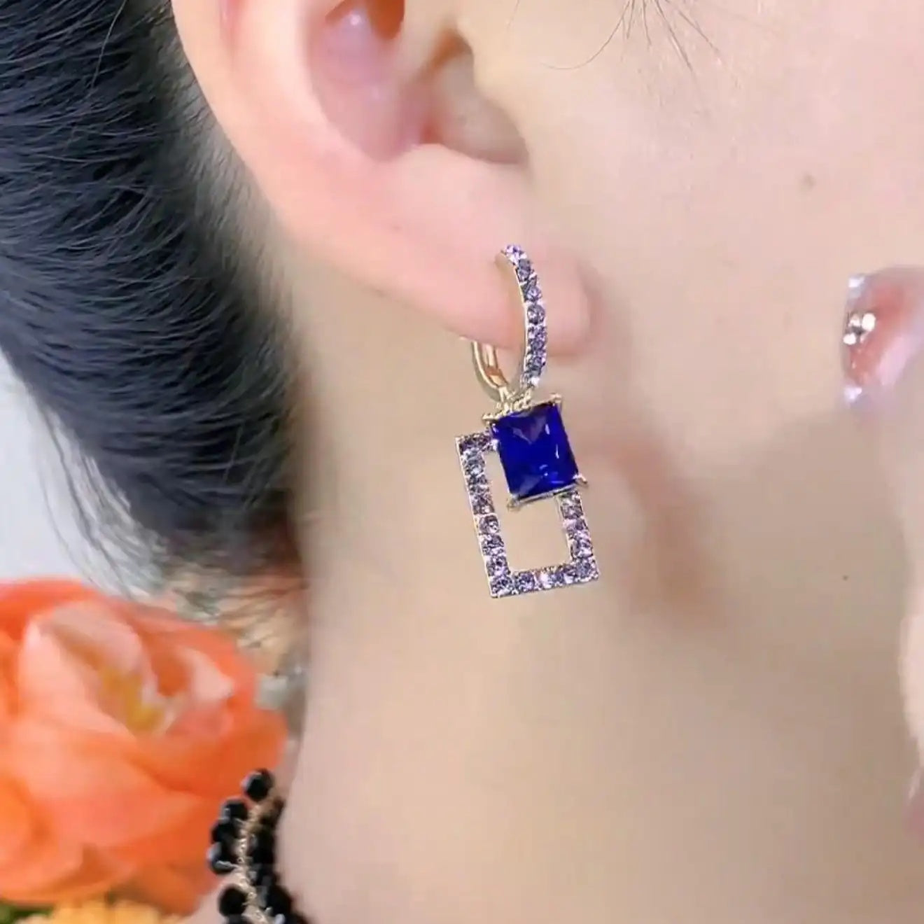 Purple Geometric Long Rectangular Crystals Drop Earrings