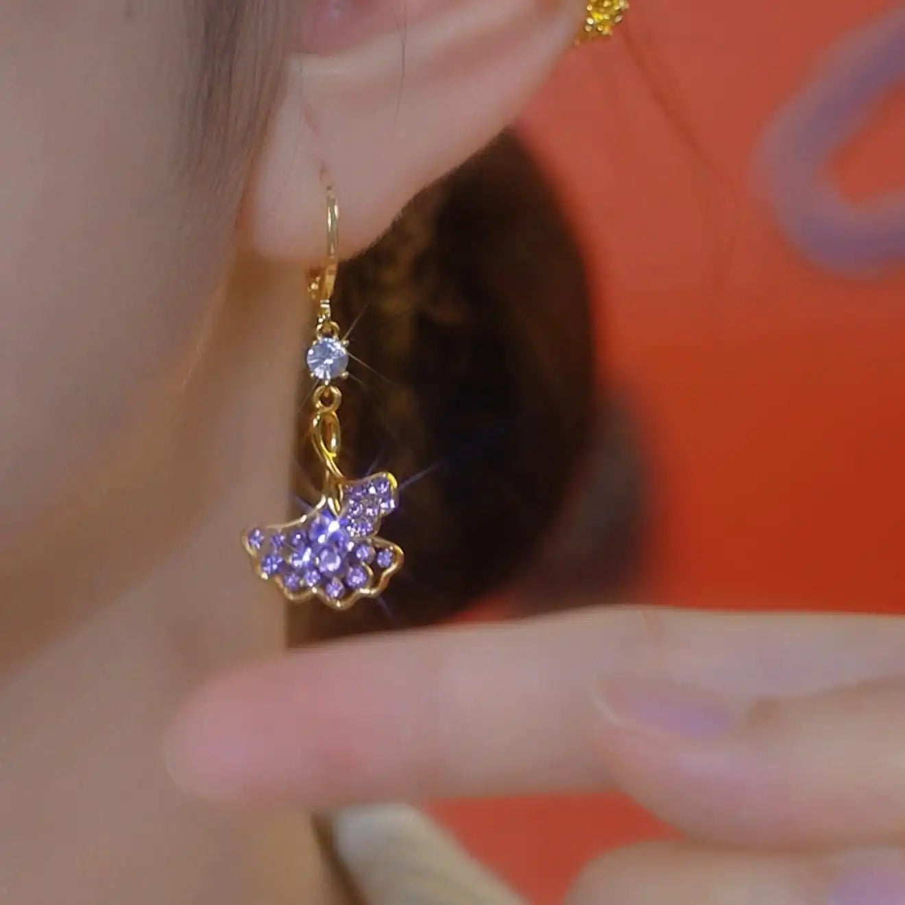 Purple Ginkgo Leaf Clip-On Drop Earrings