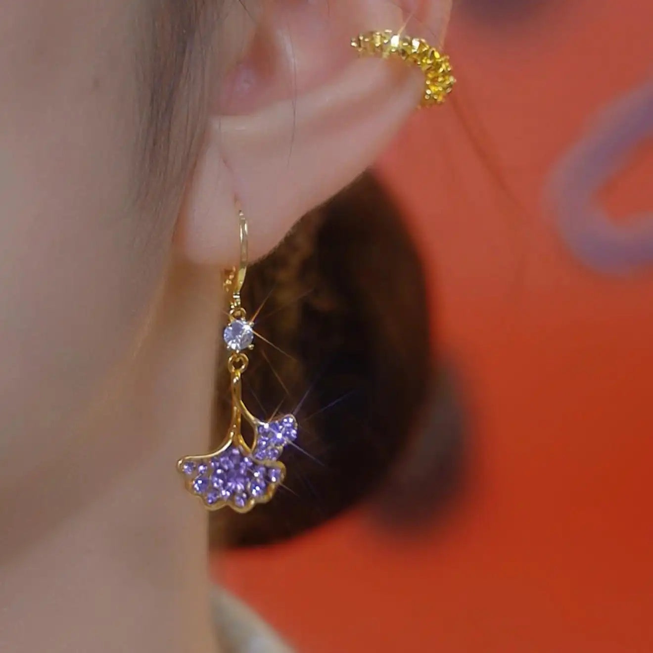 Purple Ginkgo Leaf Clip-On Drop Earrings