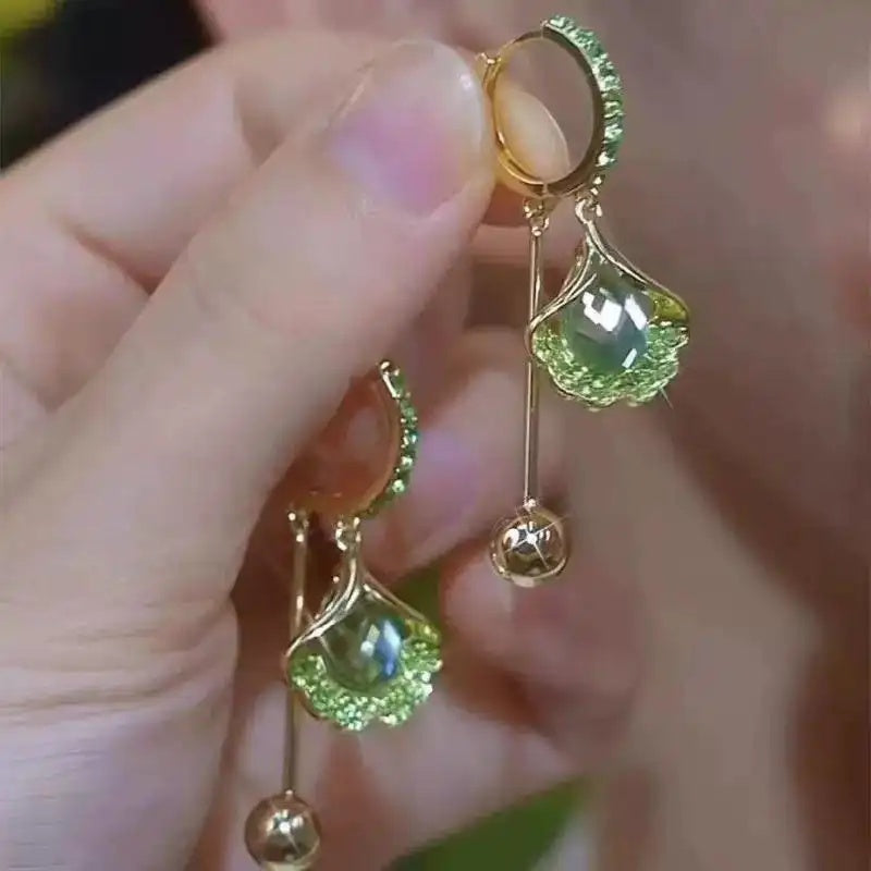 Purple Ginkgo Leaf Crystal Cat Earrings