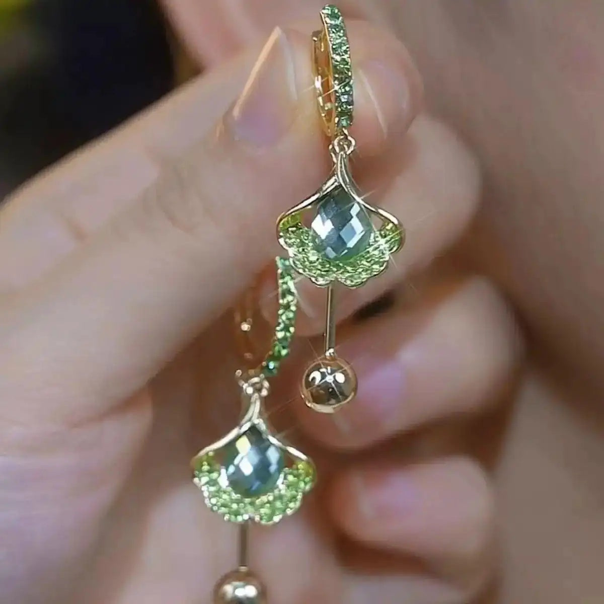 Purple Ginkgo Leaf Crystal Cat Earrings
