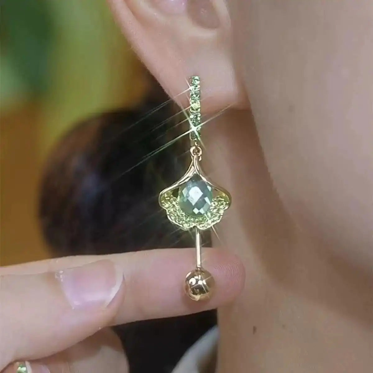 Purple Ginkgo Leaf Crystal Cat Earrings