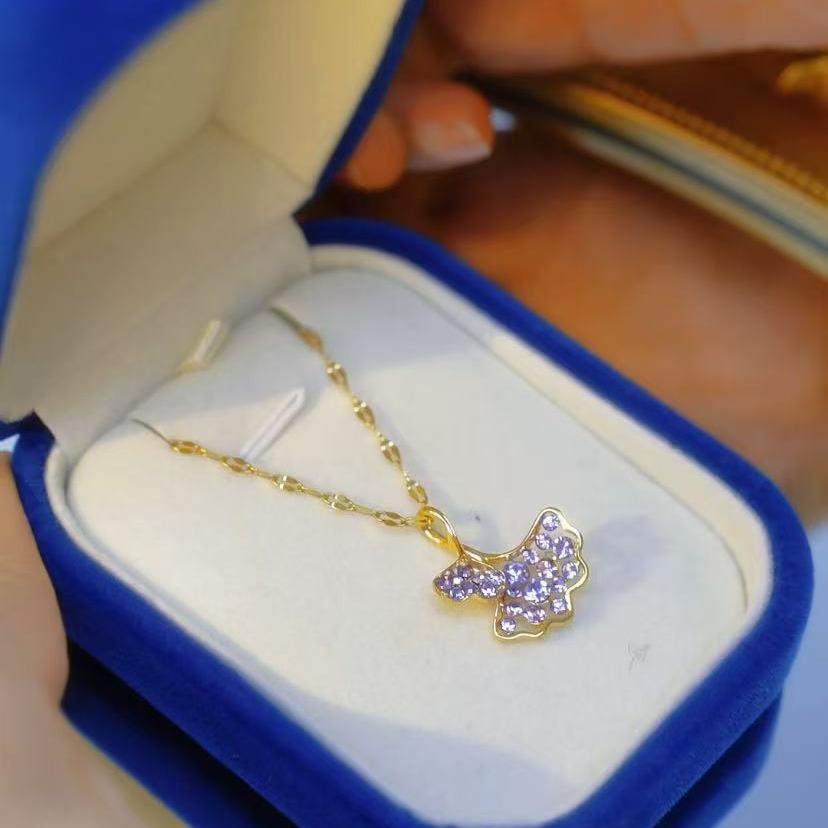 Purple Ginkgo Leaf Crystal Necklace
