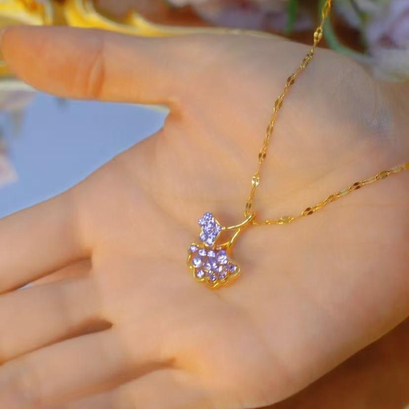Purple Ginkgo Leaf Crystal Necklace