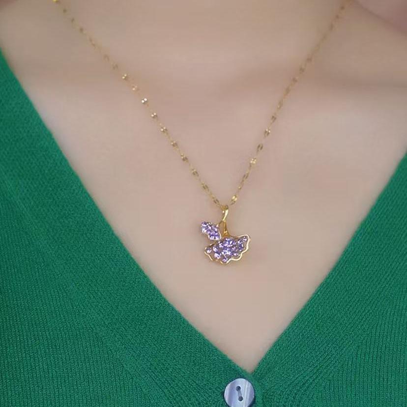 Purple Ginkgo Leaf Crystal Necklace