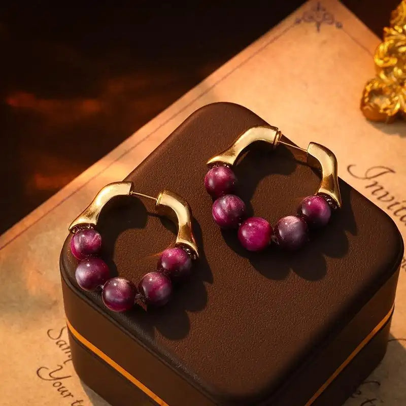 Purple Grape Bead French Commuter Stud Earrings