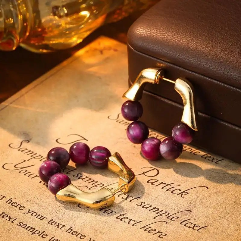 Purple Grape Bead French Commuter Stud Earrings
