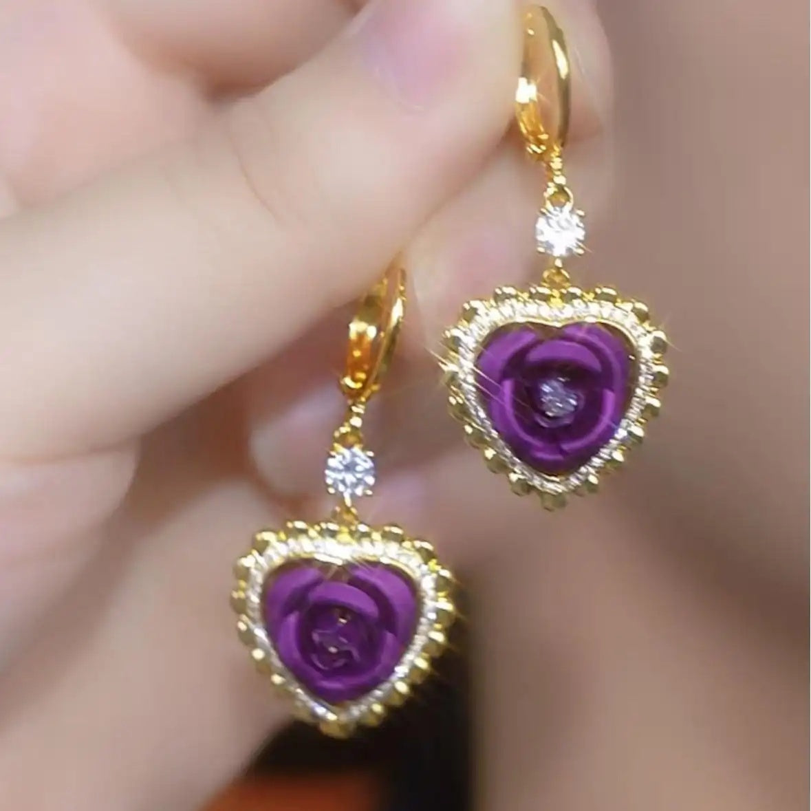 Purple Heart Crystal Drop Earrings