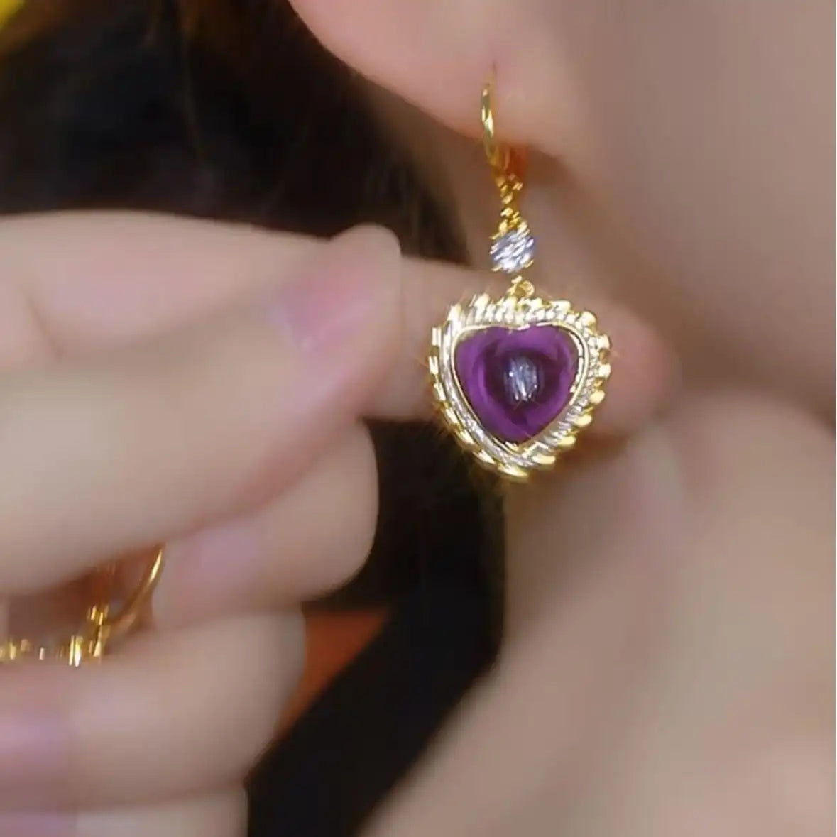 Purple Heart Crystal Drop Earrings