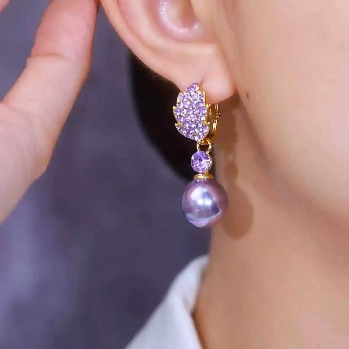 Purple Leaf Needle Crystal Drop Earrings
