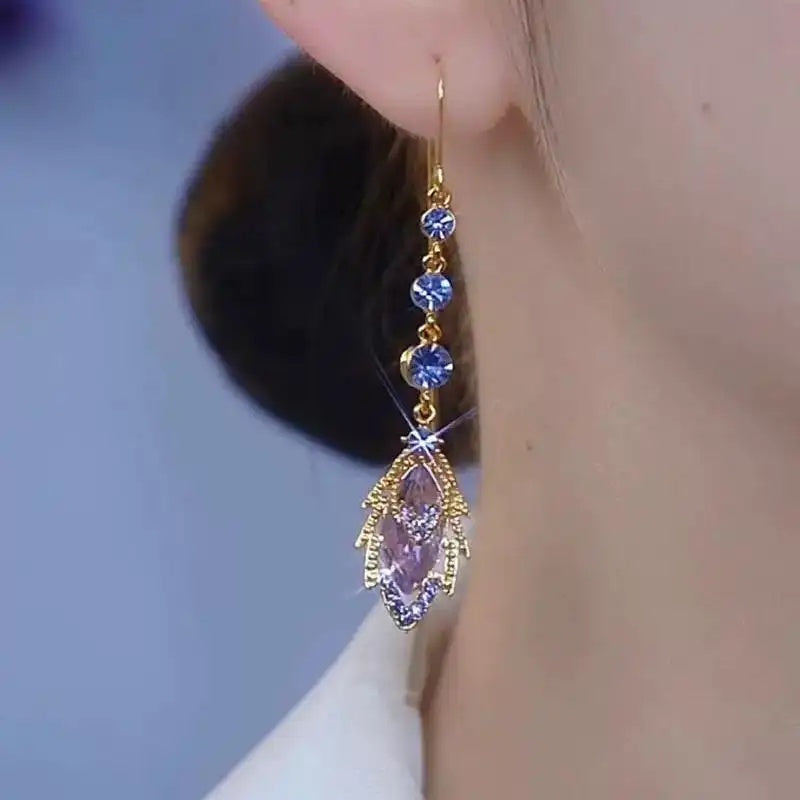 Purple Leaf Tassel Long Chain Drop Earrings
