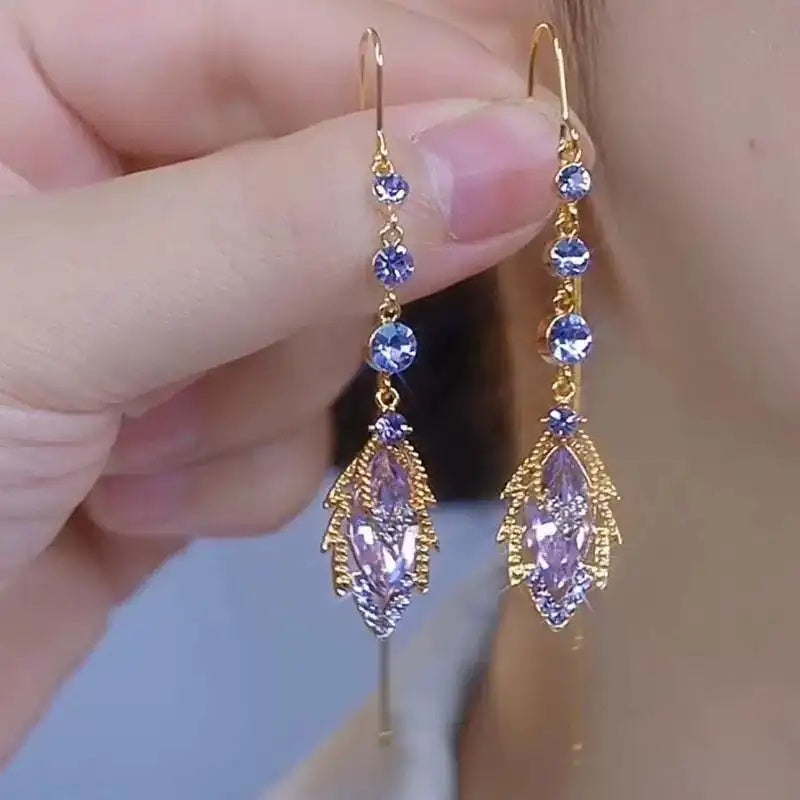 Purple Leaf Tassel Long Chain Drop Earrings