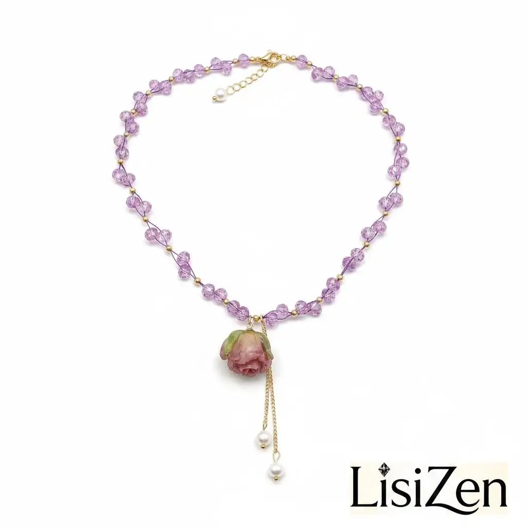 Purple Resin Rose Beaded Necklace