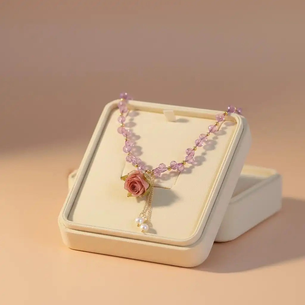 Purple Resin Rose Beaded Necklace