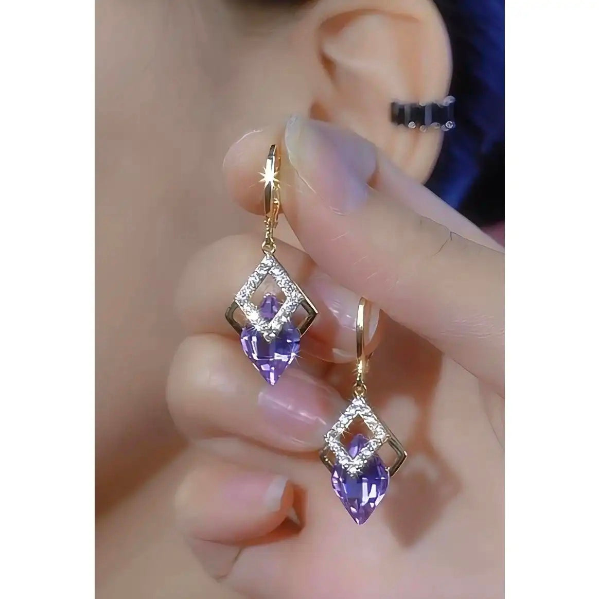 Purple Rhombus Silver Tone Ear Earrings