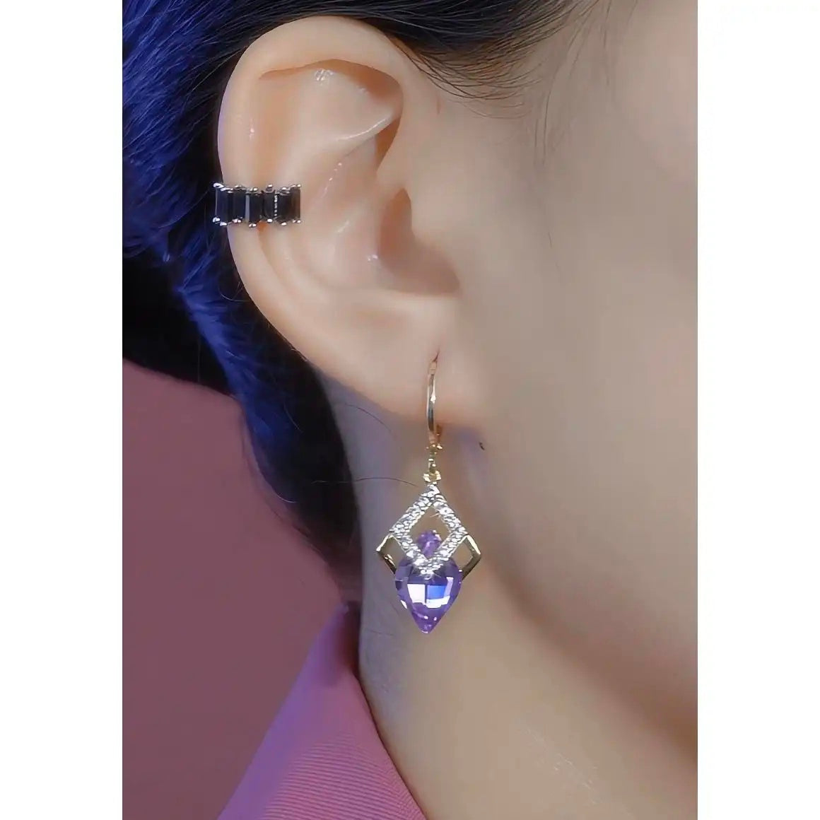 Purple Rhombus Silver Tone Ear Earrings