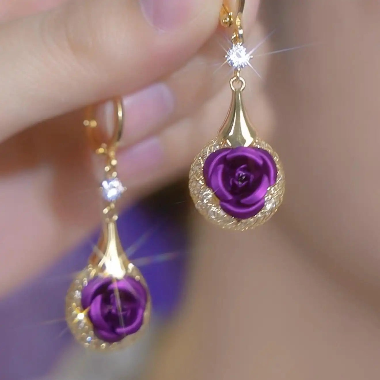 Purple Rose Crystal Drop Earrings