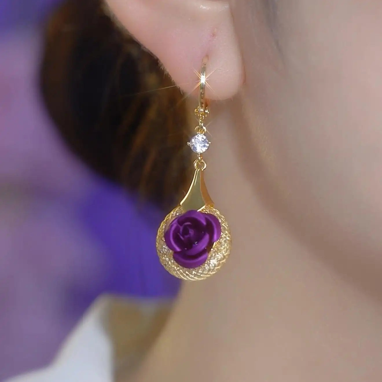 Purple Rose Crystal Drop Earrings