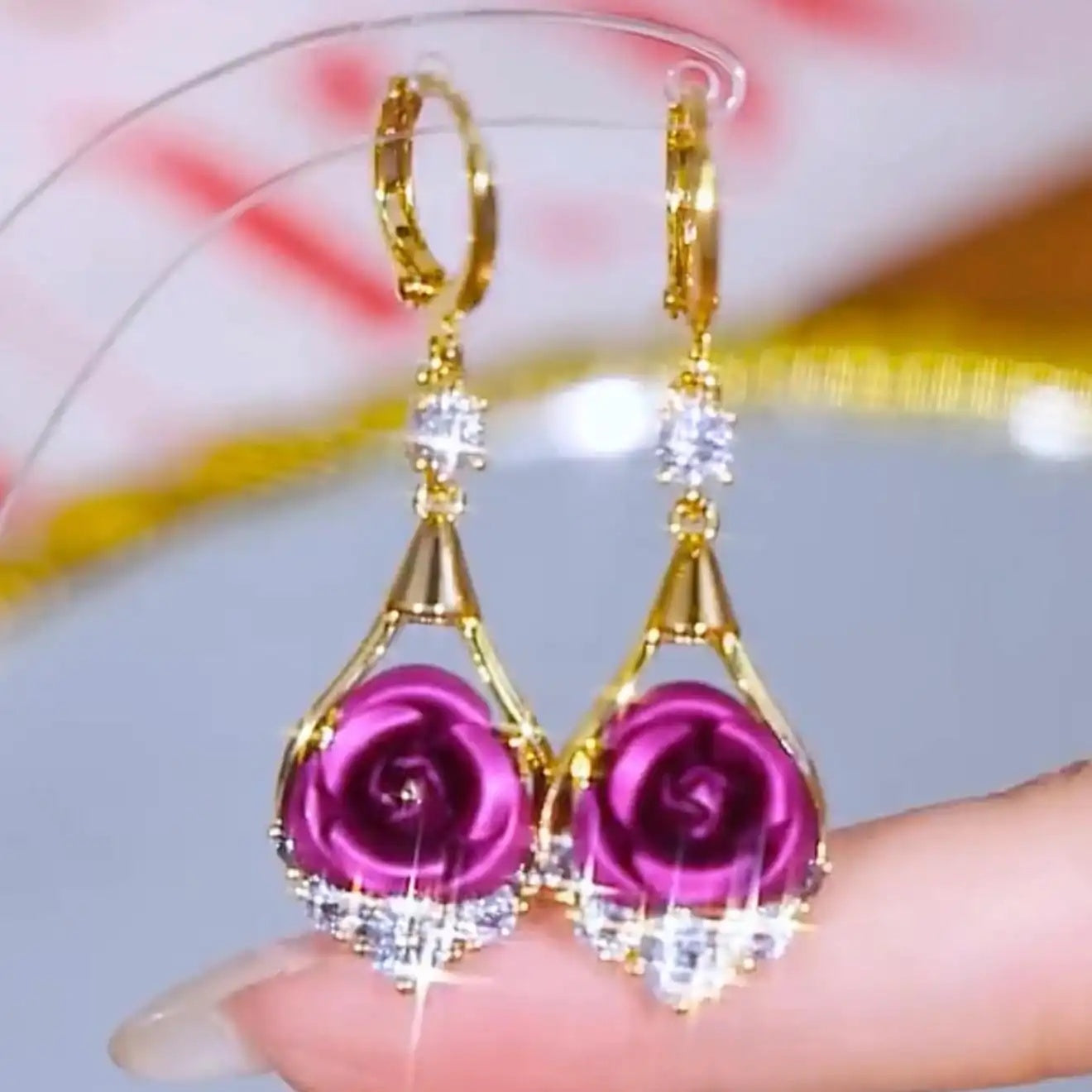 Purple Rose Flower Glamour Crystal Earrings