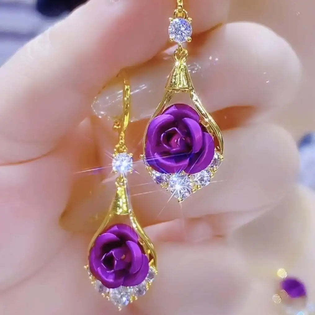 Purple Rose Flower Glamour Crystal Earrings