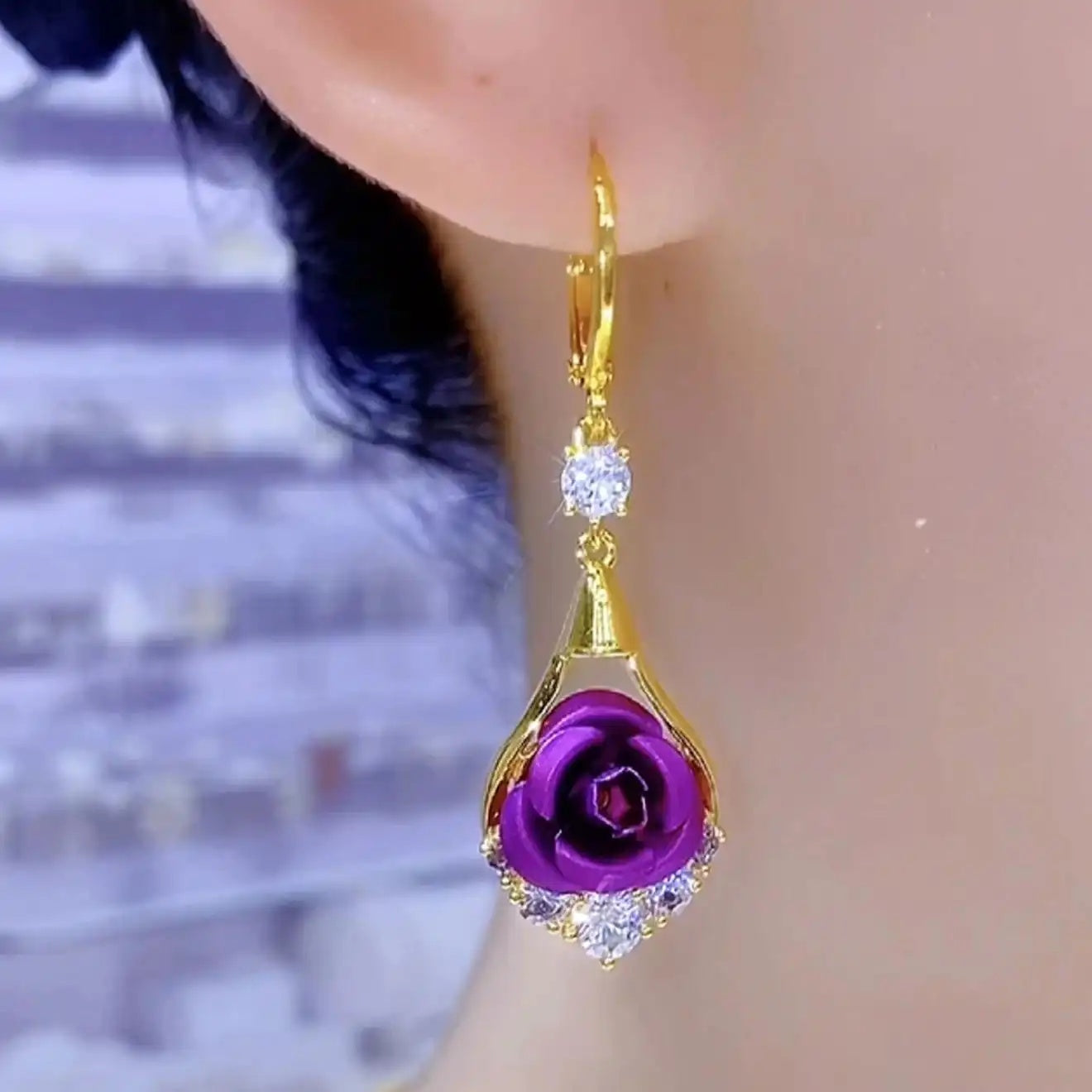 Purple Rose Flower Glamour Crystal Earrings