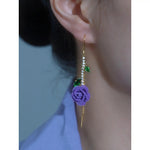 Purple Rose Tassel Drop Earrings