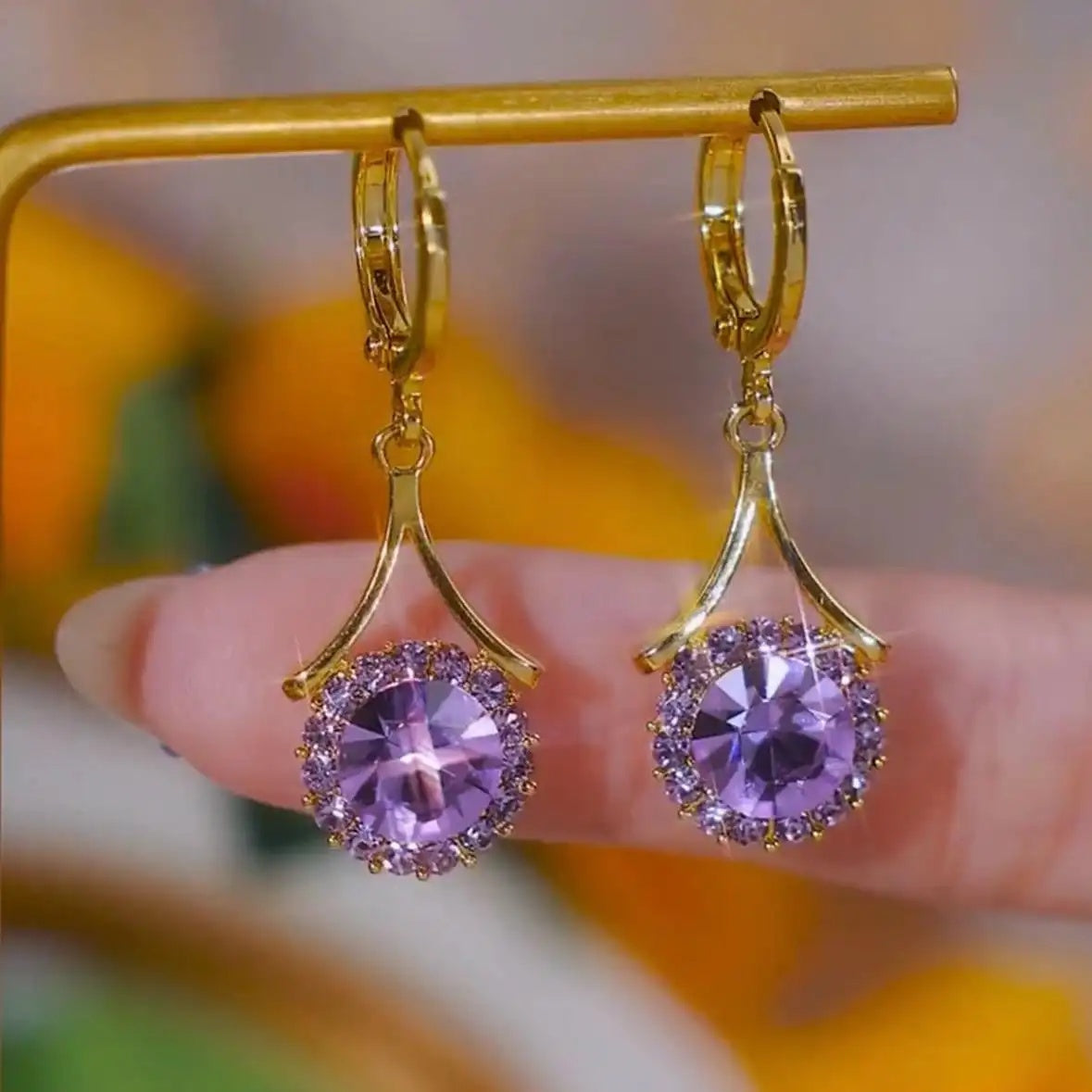 Purple Round Crystal Hoop Earrings