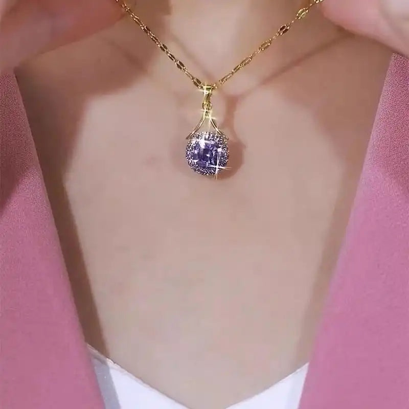 Purple Round Crystal Pendant Necklace