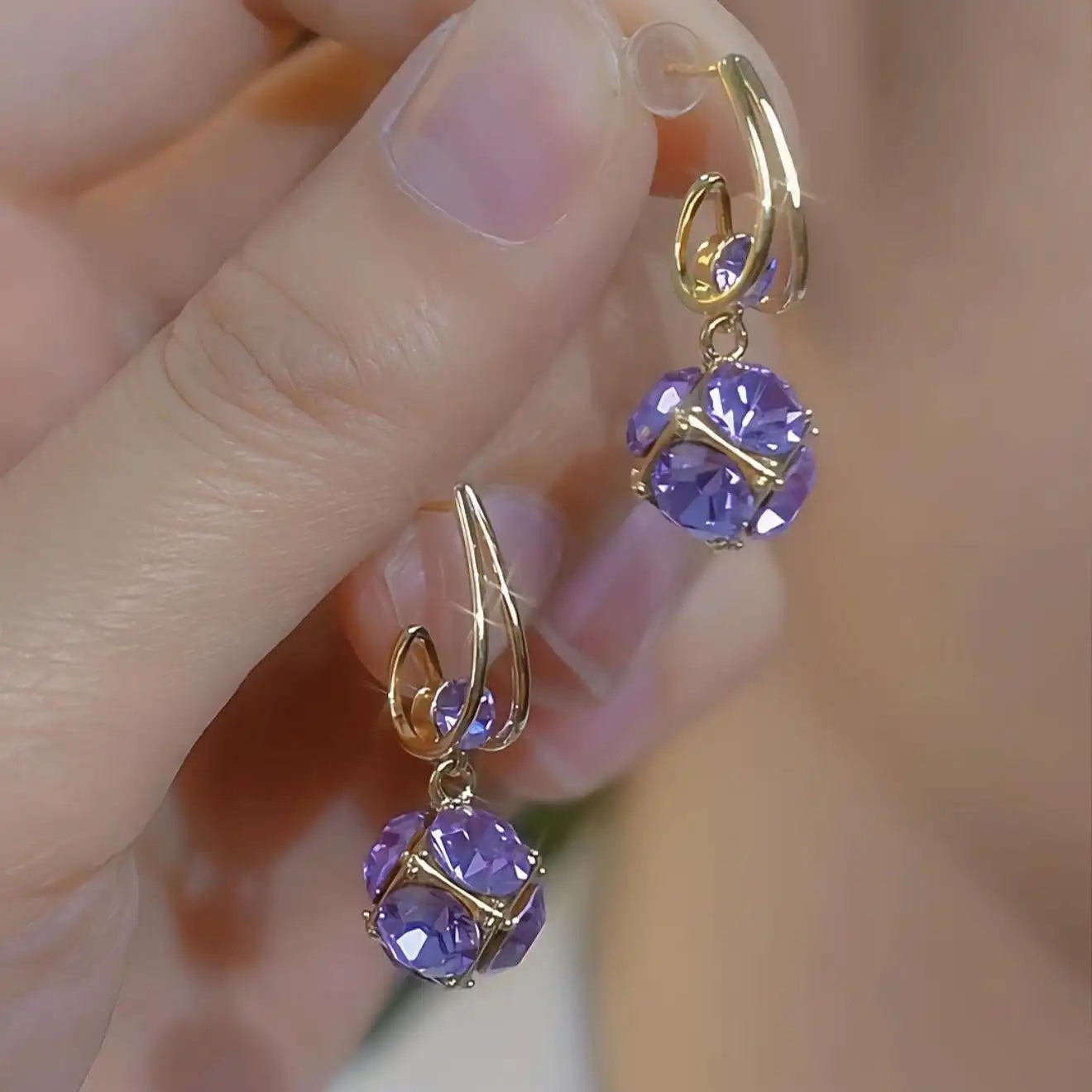 Purple Silver Crystal Studded Ball Earrings